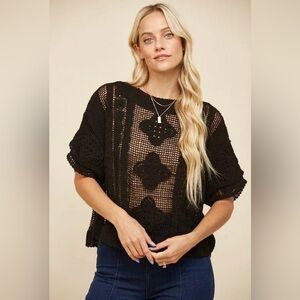 NWT Wisteria Lane Black Floral Lace Crochet Dolman Sleeve Top Size Medium